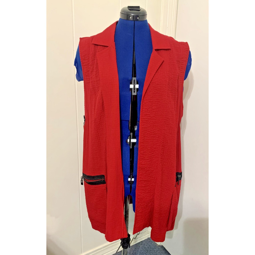 Ali Miles Red Collared Vest XL Button and zip pockets Lagenlook Art to Wear - Picture 2 of 10